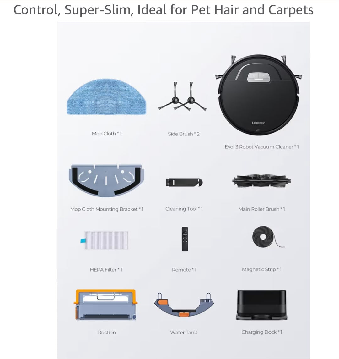 Laresar Robot Vacuums and Mop Combo, MAX 4500Pa Suction, Evol 3 Robotic Vacuum Cleaner with Auto Carpet Boost, Self-Charging, App&Remote&Voice Control, Super-Slim, Ideal for Pet Hair and Carpets